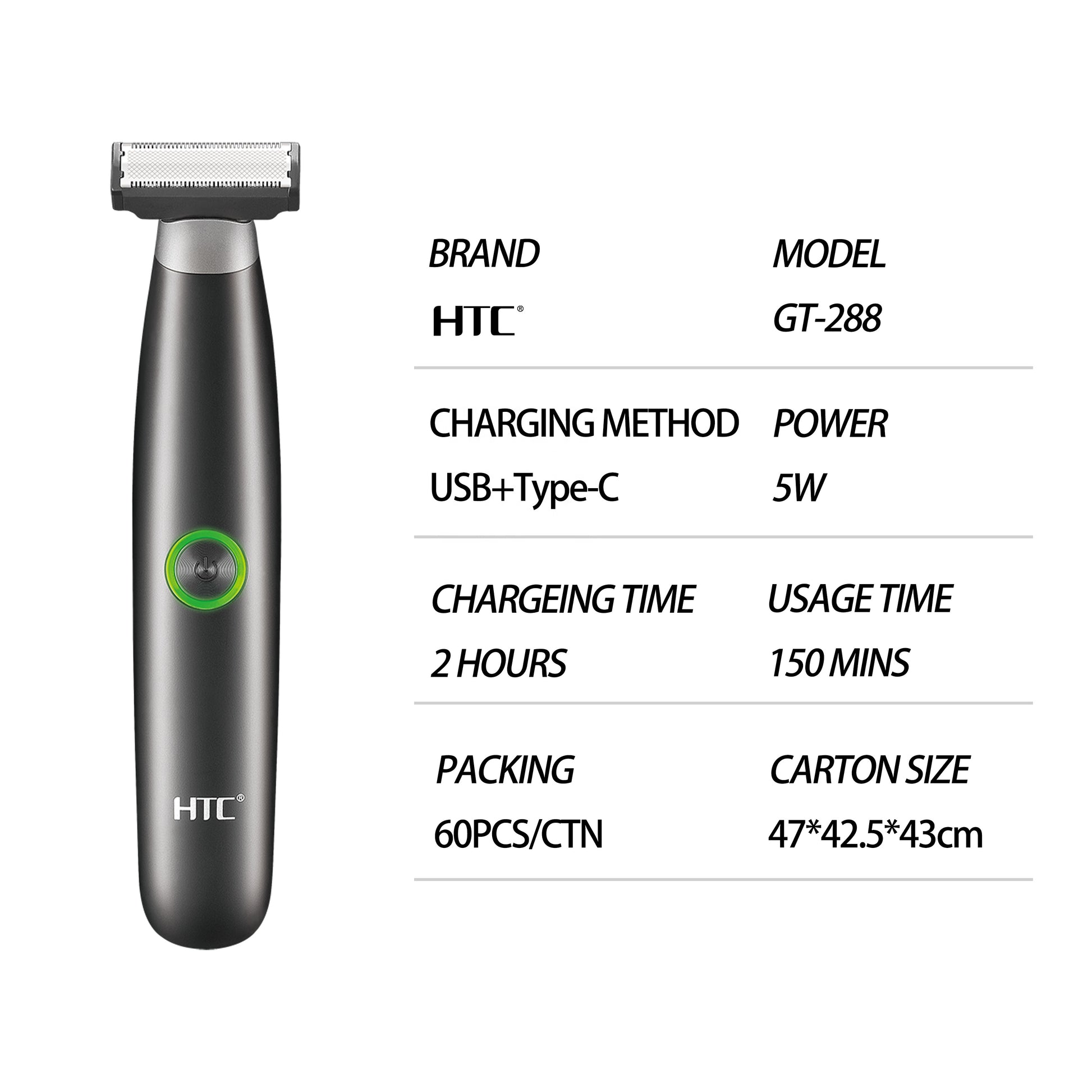 HTC GT-288 Rechargeable Electric Shaver — Waterproof & Cordless